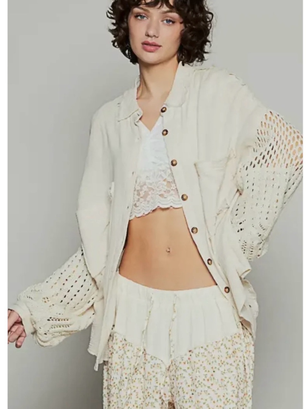 Ivory Crochet Sleeve Light Weight Jacket Top by POL